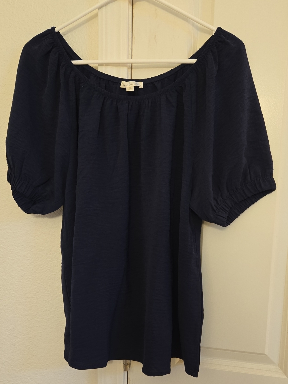 nine britton Navy Puff Sleeve Off-Shoulder Top